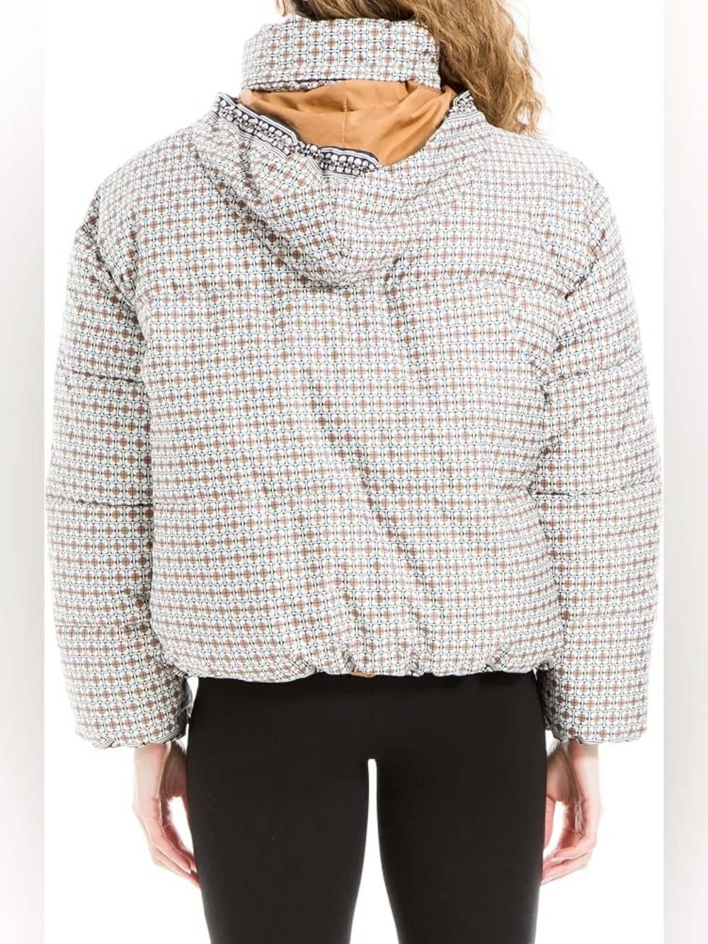 NWT Max Studio Quilted Houndstooth-Pattern Puffer Jacket - Brown & White Size XL